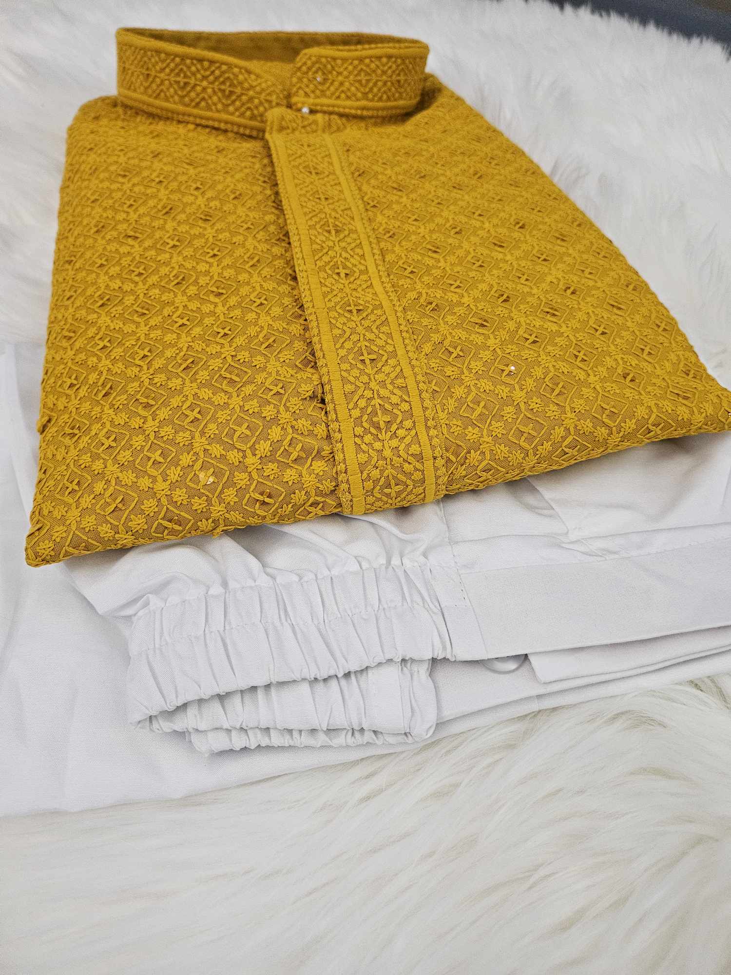 Size 44, Yellow Shade Sequins Work Chikankari 2 Piece Kurta Pajama Set for Man, KP - 1170