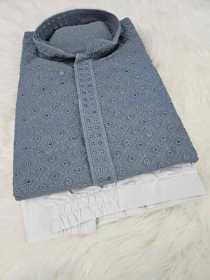 Light Gray Sequins Work Chikankari 2 Piece Kurta Pajama Set for Man, KP - 1167