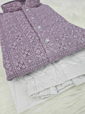 Simply Elegant purple & Green Shade Kurta Pajama Set, Georgette with Intricate Chikankari Embroidery, KP - 1165