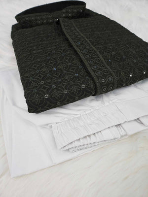 Grayish Black Shade Sequins Work Chikankari 2 Piece Kurta Pajama Set for Man, KP - 1169