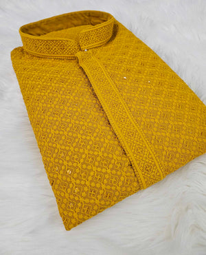 Navy and Yellow Shade Sequins Work Chikankari 2 Piece Kurta Pajama Set for Man, KP - 1170