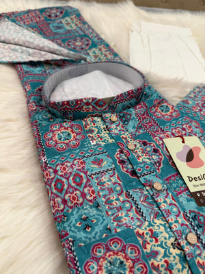 Premium Cyan Blue Embroidered Kurta Pajama Set – Viscose Rayon with Printed & Sequin Detailing | Traditional Outfit | KPS-2033