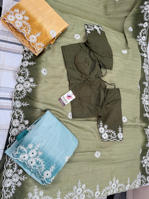 Soft Silk Blend Saree with White Floral Embroidery, Elegant Indian Wedding & Festive Saree with Stitched Blouse | Fall & Pico Done | Wedding, Festive & Party Wear, S- 3092