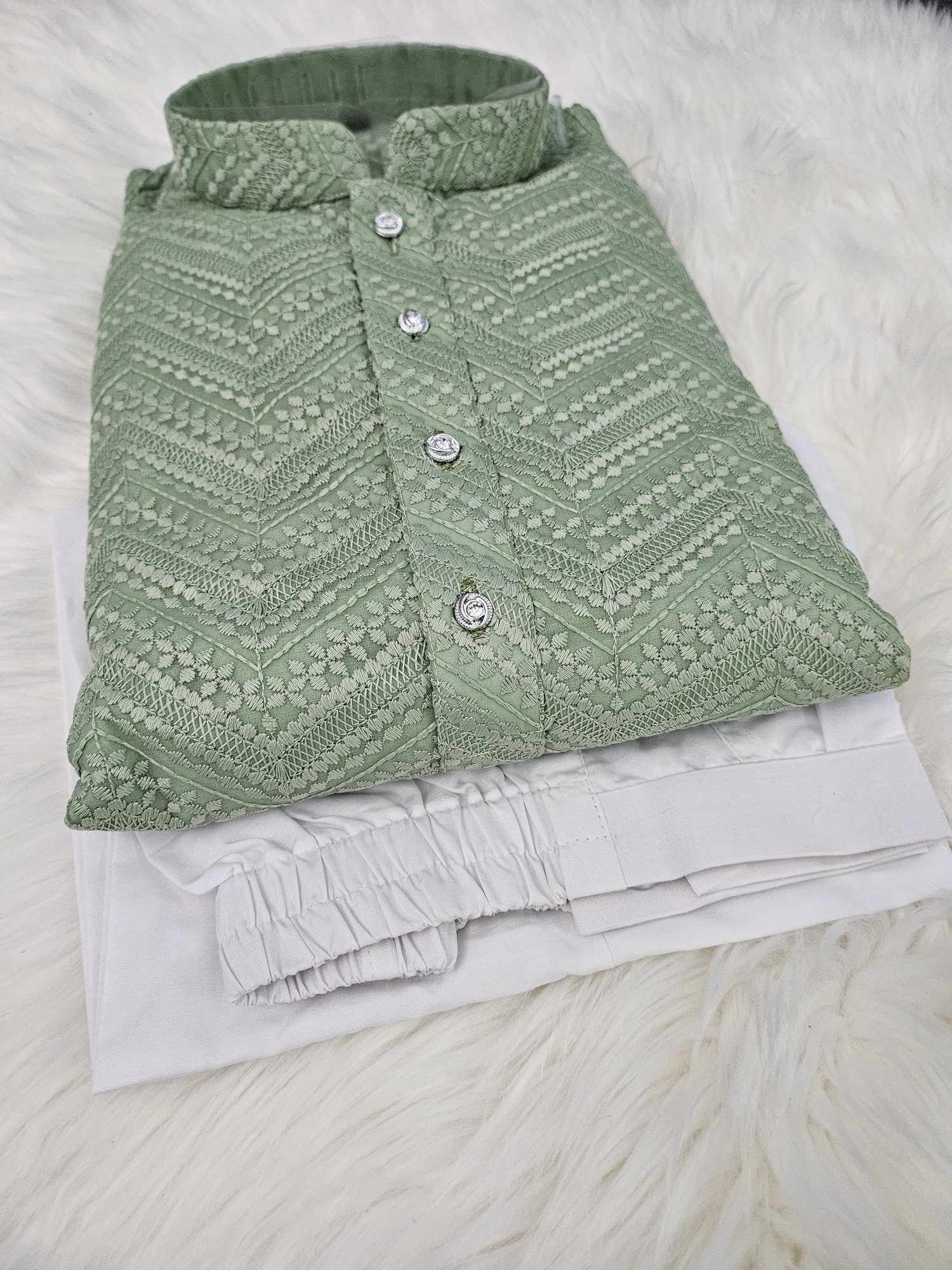 Pista Green Shade Kurta Pajama Set, Georgette with Intricate Chikankari Embroidery, KP - 1166