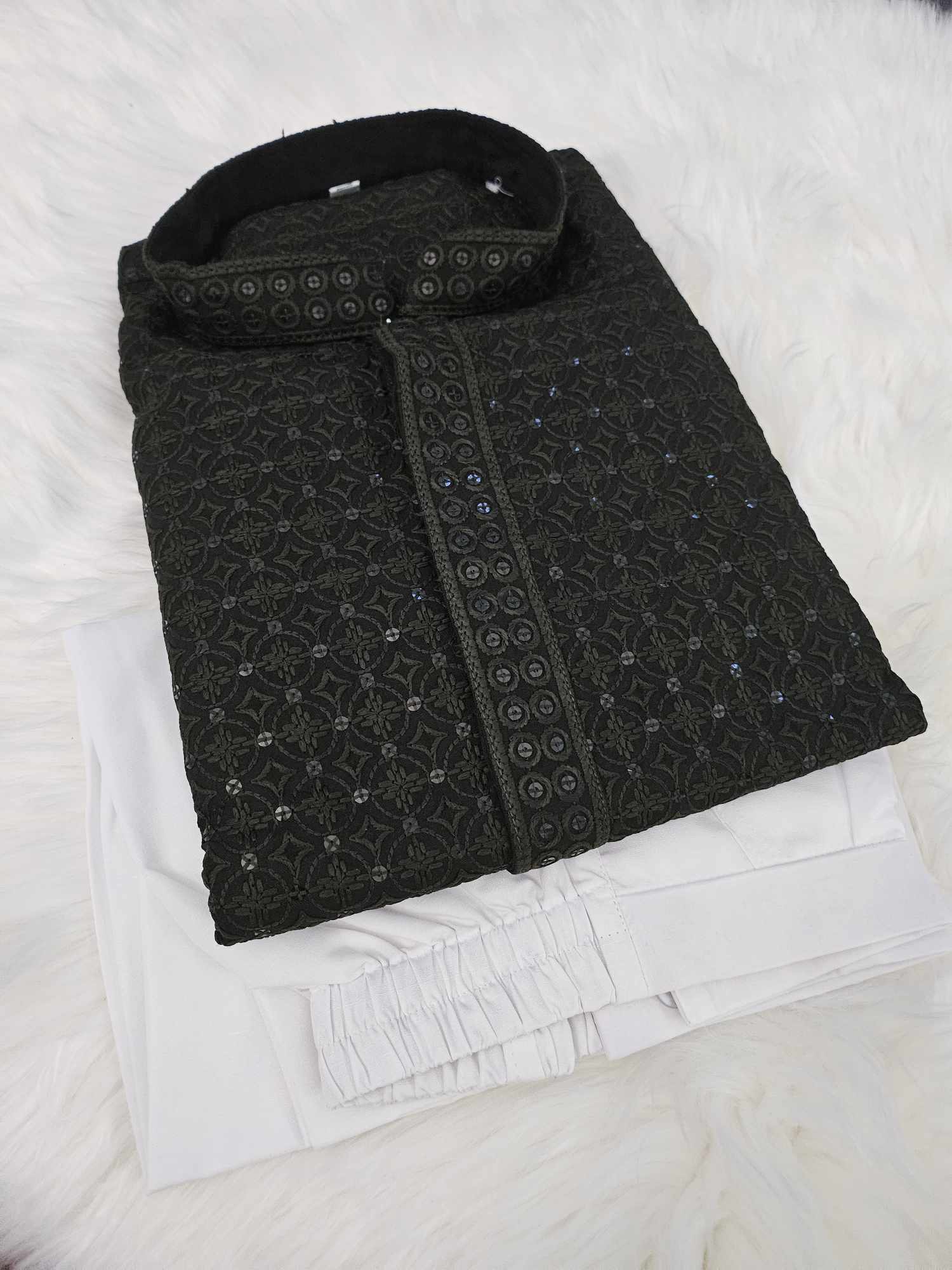 Size 44, Grayish Black Shade Sequins Work Chikankari 2 Piece Kurta Pajama Set for Man, KP - 1169