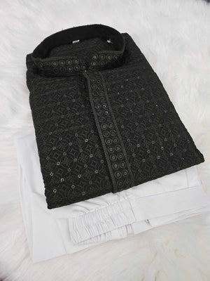 Grayish Black Shade Sequins Work Chikankari 2 Piece Kurta Pajama Set for Man, KP - 1169