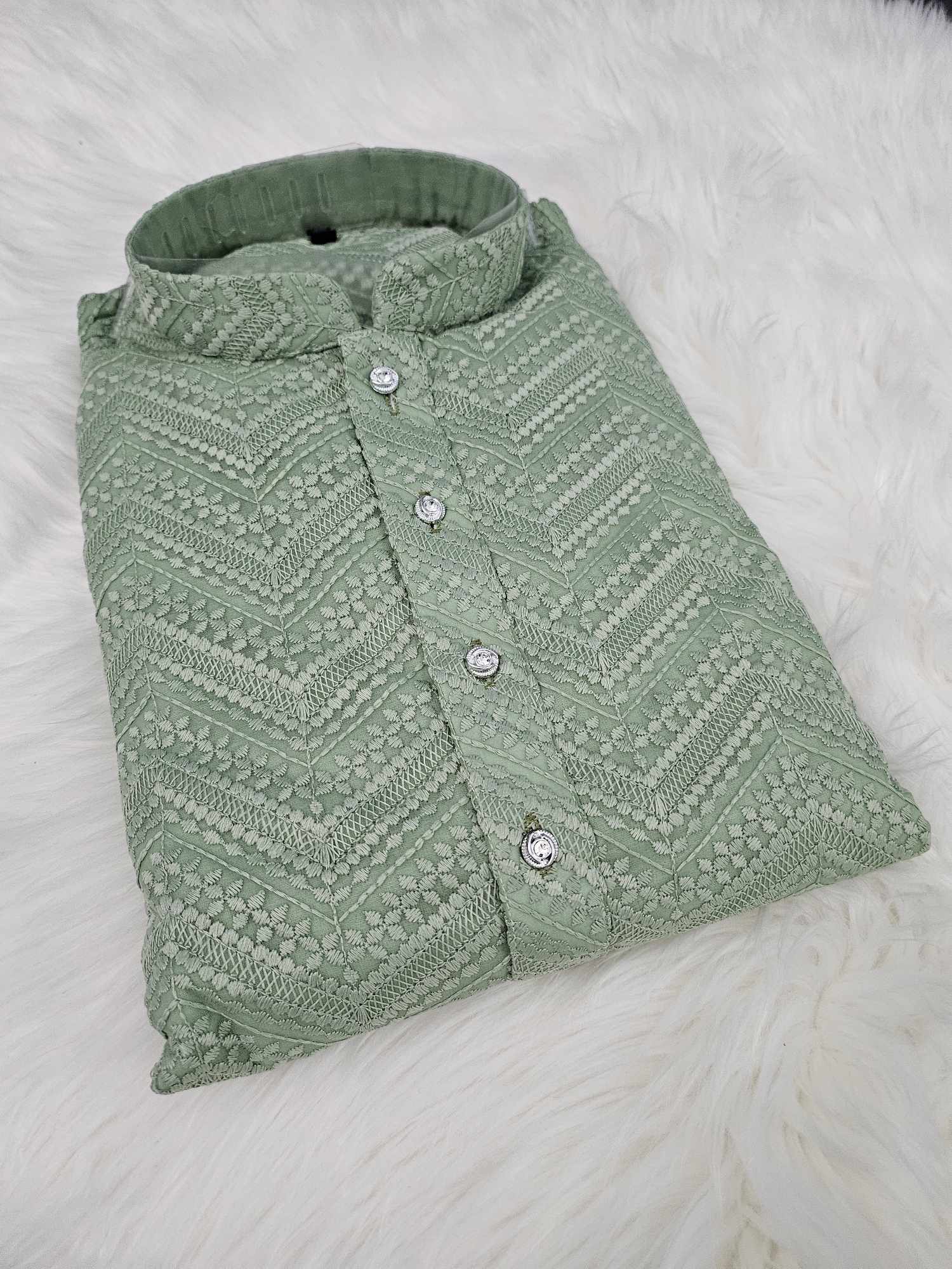 Size 38, Pista Green Shade Kurta Pajama Set, Georgette with Intricate Chikankari Embroidery, KP - 1166