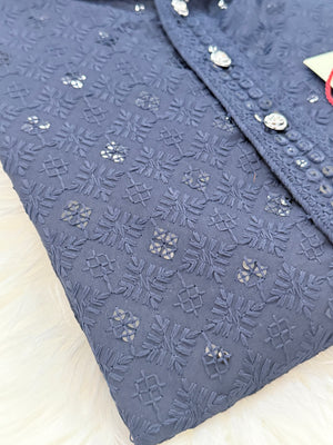 Men & Boys Navy Rayon Chikankari with Sequins Kurta Pajama Set | Matching Father Son Festive Outfit with Sequin Work, DM -2077