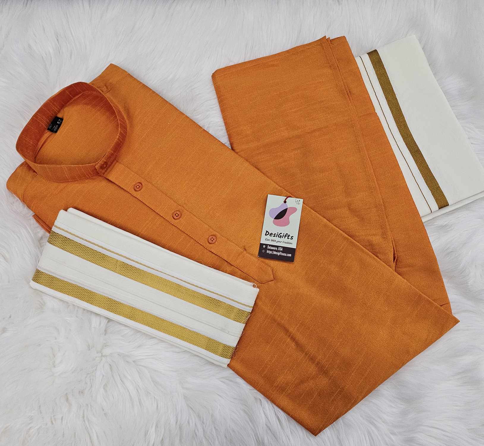 Orange South Indian Mans Silk Kurta Dhoti With Mundu, 3 Piece Set Kurta Pajama Set)- Design-MRN-1174