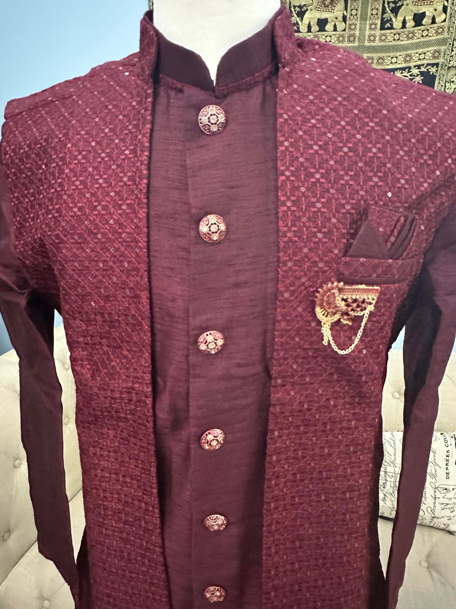 Luxurious Stylish 3 Piece Kurta Pajama with Long Jacket with Sequens Work-Cotton Silk. MAN# 1178