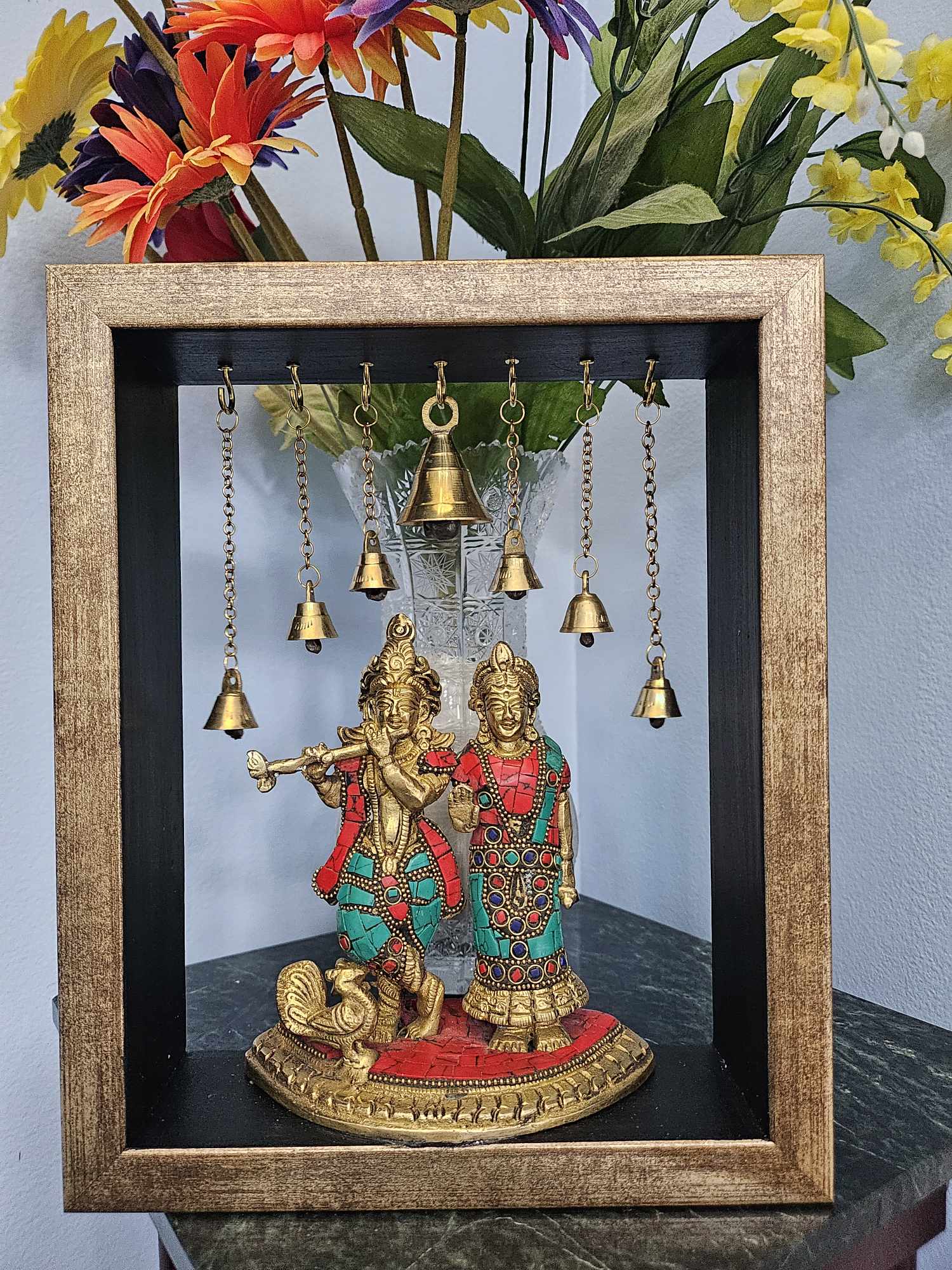 Handcrafted Radha Krishna ji in Brass In Wooden Frame, RK- 1300