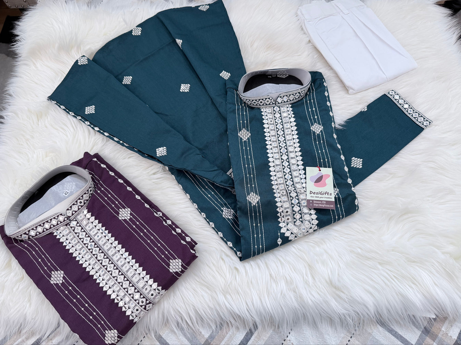 Men’s Mirror Work Embroidered Kurta Pajama Set | Teal Green or Deep Purple Embroidered Indian Wedding Kurta with White Pants, KP - 3063-64