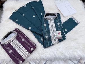 Men’s Mirror Work Embroidered Kurta Pajama Set | Teal Green or Deep Purple Embroidered Indian Wedding Kurta with White Pants, KP - 3063-64