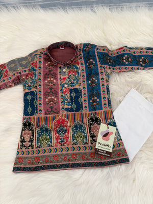 Maroon & Blue Multishade Boys’ Rayon with Sequins and Cotton Linen, Designer Dress with Print – BOY-2019