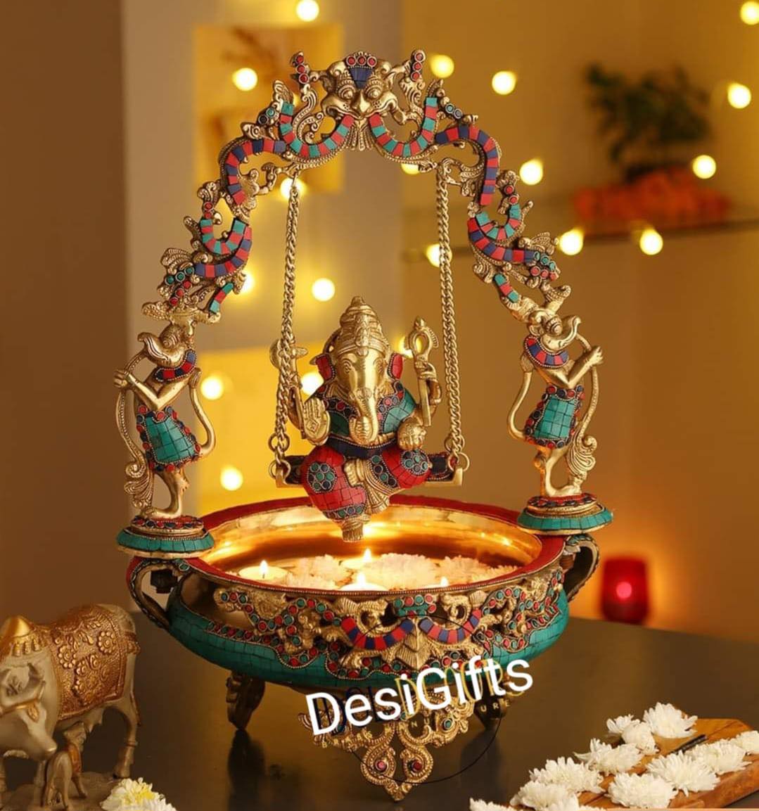 23 Inch Ganesha Swing Brass urli with colorful Stone Work, UBB - 1045