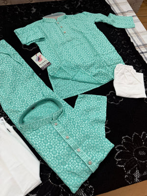 Men & Boys Turquoise Teal Rayon Chikankari with Sequins Kurta Pajama Set | Matching Father Son Option Festive Outfit with Sequin Work, DM -1423