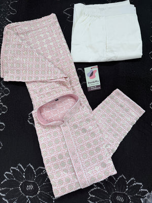 Men's Kurta Pajama set with Embroidery and Sequins in Soft Pink Shade. Two-piece Indian traditional outfit., KP - 1420-1421