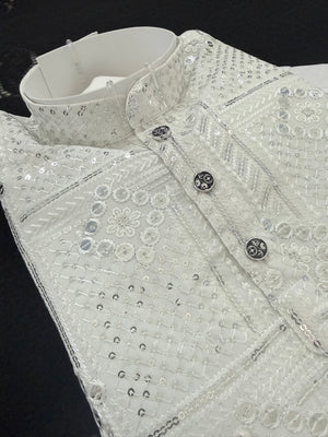 Boys’ Rayon Embroidery White Kurta Pajama Set with Sequins Work, Designer Ethnic Outfit for Kids Festive and Wedding Wear – BOY-2086