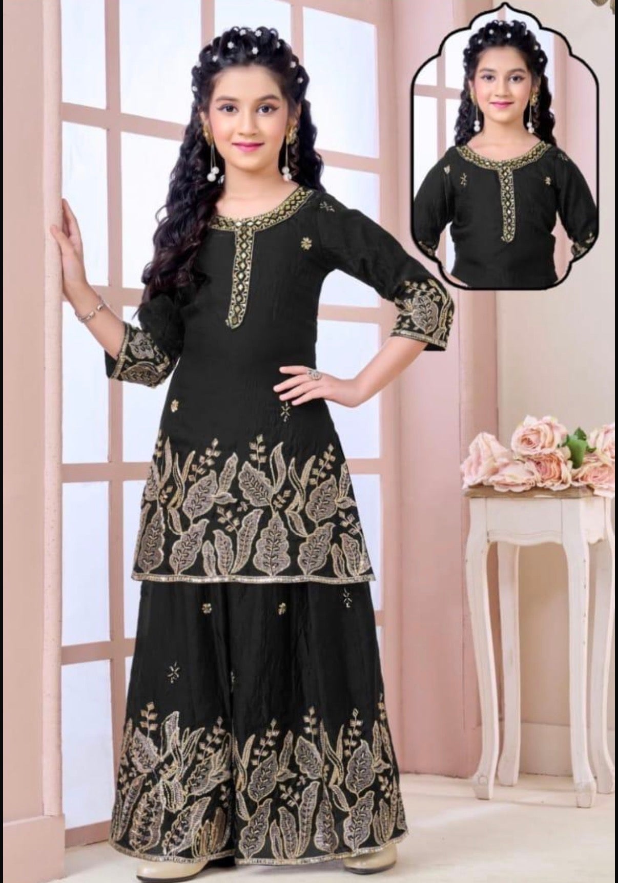 Girls’ Black with Gold Embroidery Kurta Palazzo Set with Sequins Work – Festive Ethnic Wear, GRL-2094