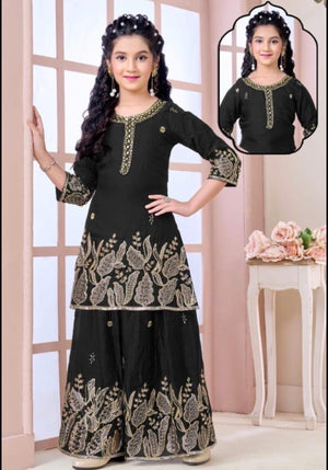 Girls’ Black with Gold Embroidery Kurta Palazzo Set with Sequins Work – Festive Ethnic Wear, GRL-2094