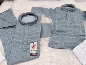 Father & Son Matching option in Dusty Ice Blue Kurta Pajama Set | Geometric Jacquard Kurta with Pants | Indian Wedding & Festive Wear, DM-4029