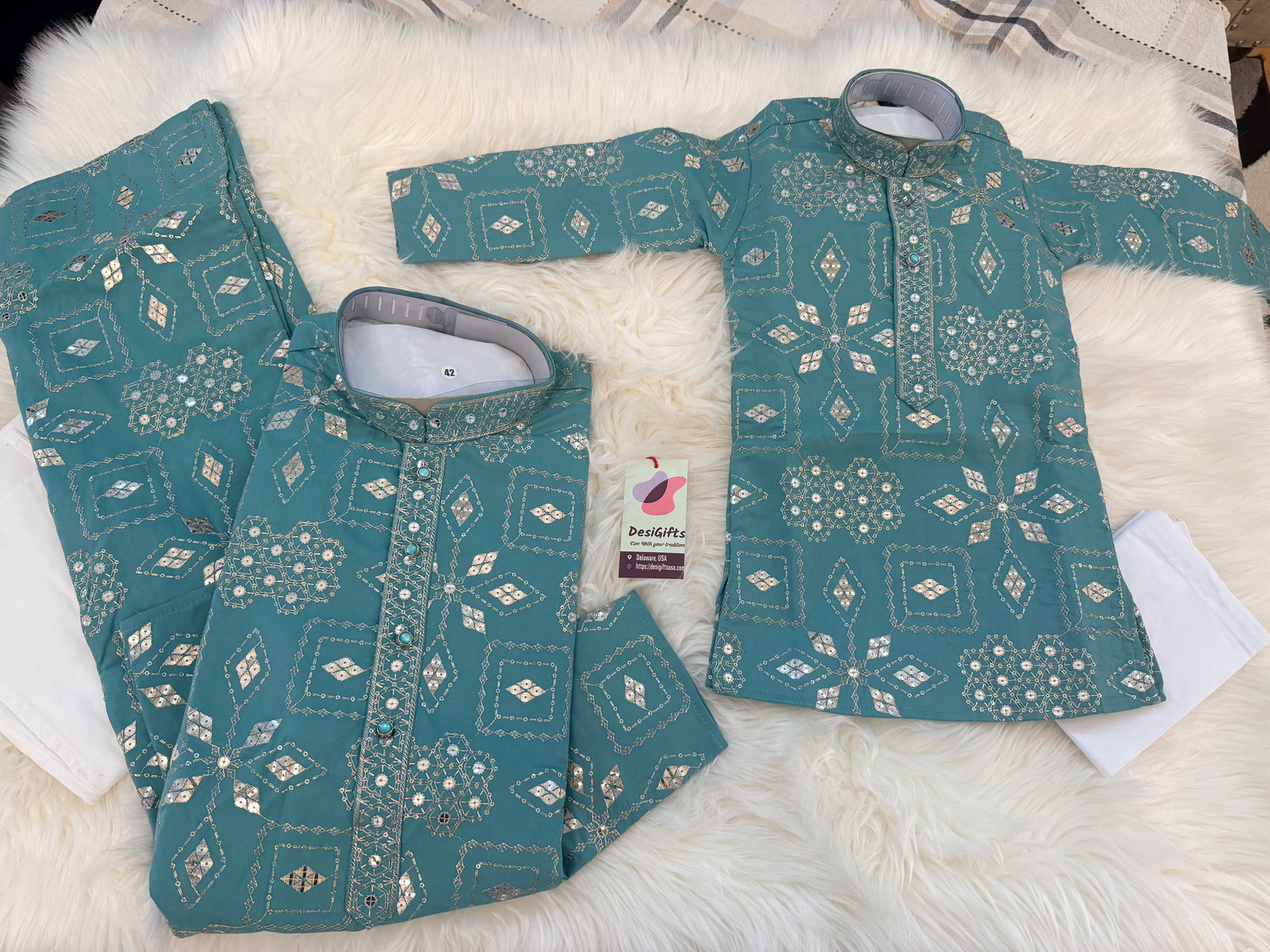 Father & Son Matching Turquoise Blue Kurta Pajama Set | Silver Zari-Style Embroidery, Sequin Work | Festive Wear, DM -4025