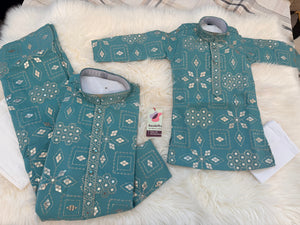 Father & Son Matching Turquoise Blue Kurta Pajama Set | Silver Zari-Style Embroidery, Sequin Work | Festive Wear, DM -4025