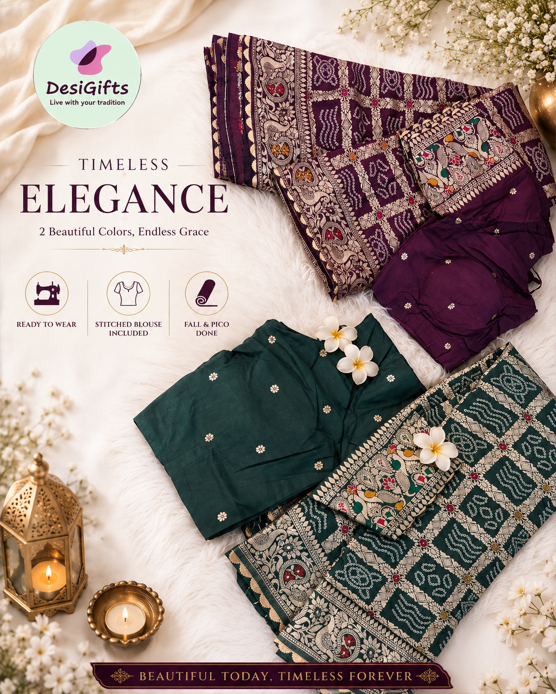 Bandhani Inspired Soft Silk Blend Saree with Matching Blouse, Floral Border & Pallu, Indian Wedding & Festive Sari, 2 Colors, S- 3081