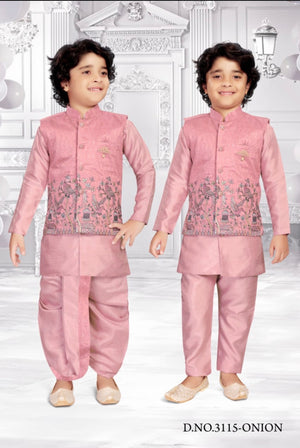 PInk Shade 4 Piece Boy's Cotton  Silk Ethnic Kurta with Jacket, Dhoti and Pajama- Design B-2004