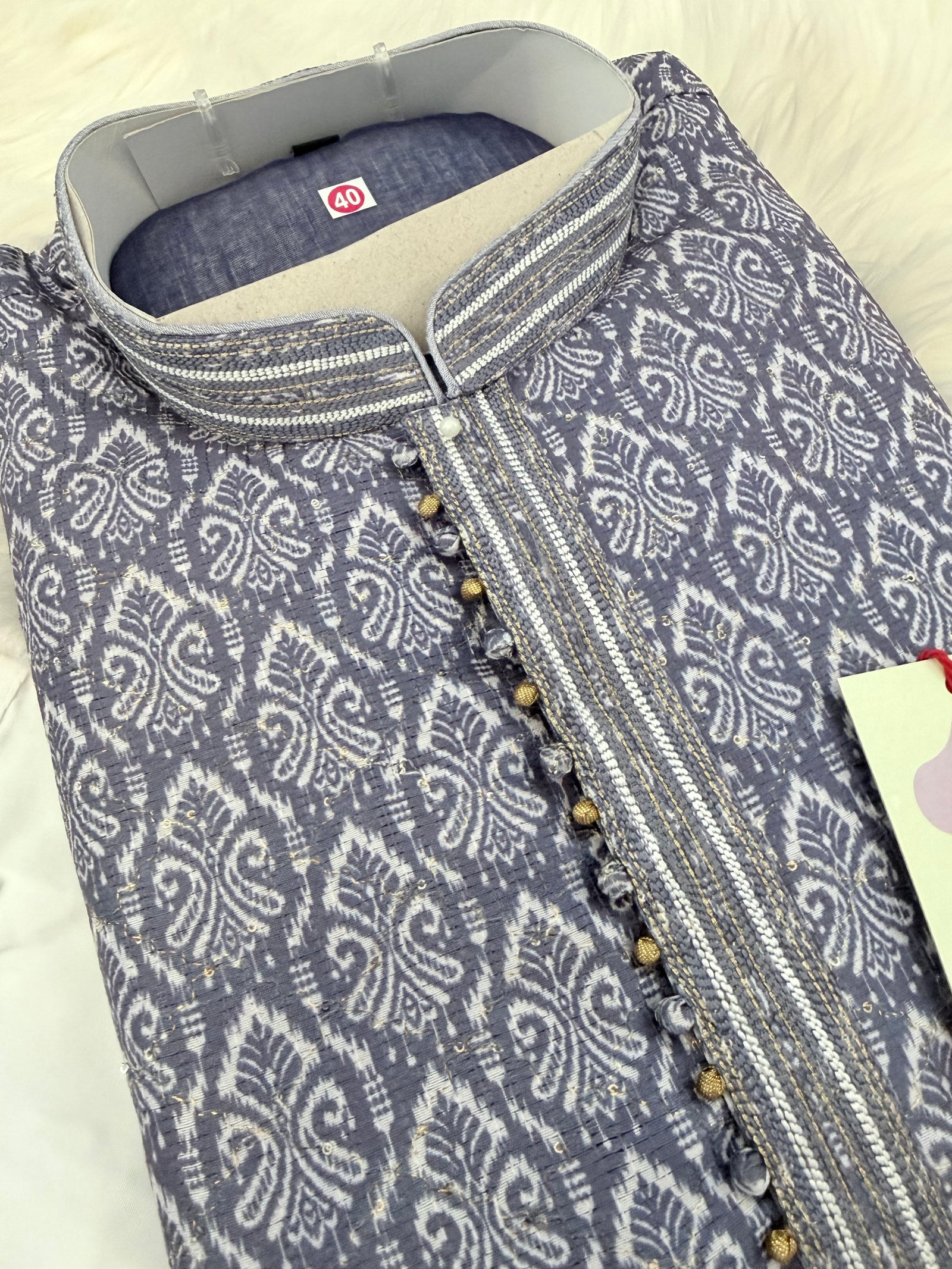 Men's Steel Blue Printed Kurta Pajama Set | Designer Indian Ethnic Wear with Mandarin Collar | Wedding, Diwali & Festive Outfit, KP-4089