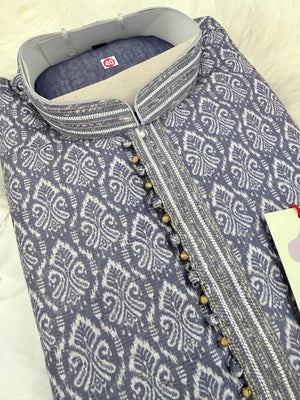 Men's Steel Blue Printed Kurta Pajama Set | Designer Indian Ethnic Wear with Mandarin Collar | Wedding, Diwali & Festive Outfit, KP-4089