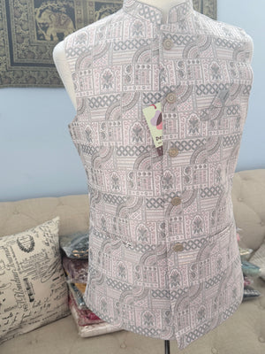 Men’s Light Blush Pink with Gray Woven Design Brocade Nehru Jacket – Indian Wedding Waistcoat, Festive Ethnic Modi Jacket, J-3076