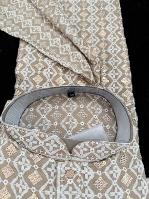 Tan Shade Men's Kurta Pajama set with Embroidery and Sequins. Two-piece Indian traditional outfit., KP - 2029