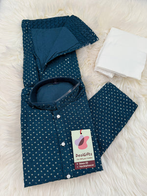 Pre-Teen and Teen Boy's Chikankari Embroidered Kurta Pajama with Sequins, Teal Blue Shade  - BOY-1911