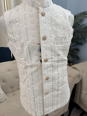 Festive White Ethnic Jacket for Men – Pastel Thread Embroidery with Sequins – Heavy Thread Work Wedding Waistcoat | J-3032