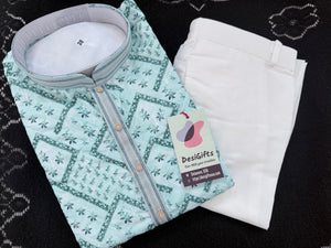 Men’s Aqua Mint Shade Kurta Pajama Set – Premium Viscose Rayon with Embroidery, Geometric Pattern & Sequin Detailing| KPS-3030