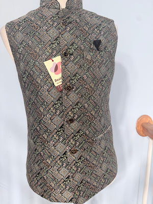 Men’s Black Brocade Nehru Jacket – Multicolor Woven Design Indian Wedding Waistcoat, Festive Modi Jacket, J-3074