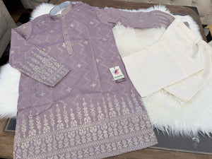 Men’s Dusty Mauve Embroidered Kurta Pajama Set – Shorter Kurta with Ivory slight bootcut-style Pants, Indian Wedding & Festive Ethnic Wear, KP - 4004