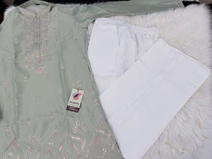 Men’s Sage Green Shorter Kurta with Parallel Pants | Floral Embroidery Kurta Pajama Set | Indo-Western Wedding & Festive Kurta Set, KP - 4064