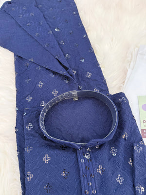 Men’s Blue Rayon Kurta Pajama Set with Chikankari Embroidery and Sequin Accents, Indian Kurta set, KP - 1980