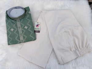 Men’s Sage Green Embroidered Kurta Pajama Set – Shorter Kurta with Ivory slight bootcut-style Pants, Indian Wedding & Festive Ethnic Wear, KP - 4004