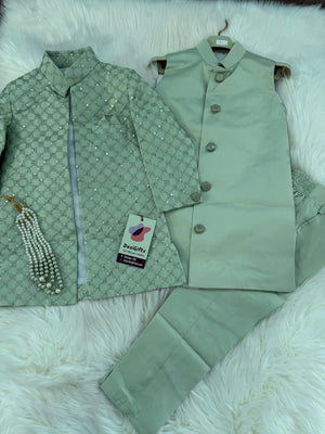 Boy's Green Shade Cotton Silk 3 Piece Indo Western Outfit,  Embroidered  Sequins Long Jacket with Pant , Boy's Sherwani Dress - B-2075