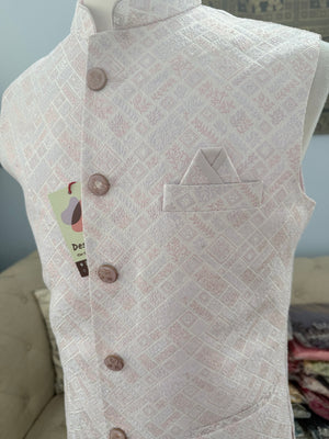 Men’s Pastel Pink Nehru Jacket – Self Woven Silk Indian Sadri, Festive Wedding Waistcoat, Ethnic Modi Jacket for Men, J-3073