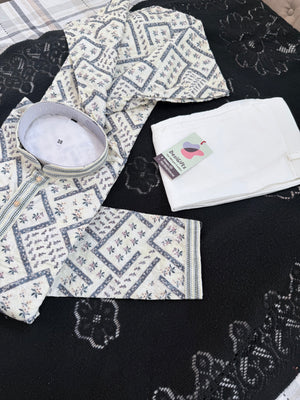 Men’s Kurta Pajama Set – Premium Viscose Rayon with Embroidery, Cream with Blue Geometric Pattern & Sequin Detailing| KPS-3031
