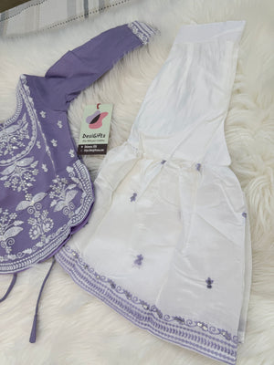 Baby Girls Lavender Embroidered Sharara Suit Set with Dupatta, White Thread Work Ethnic Outfit, GRL-2093