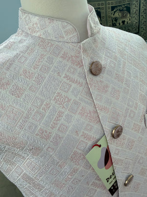 Men’s Pastel Pink Nehru Jacket – Self Woven Silk Indian Sadri, Festive Wedding Waistcoat, Ethnic Modi Jacket for Men, J-3073