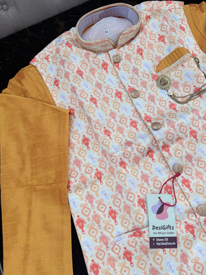 Men's Kurta Pajama with Jacket | Yellow Kurta with Printed Jacket Set for Indian Weddings, Festivals | Silk 3-Piece Outfit | KPJ-2054