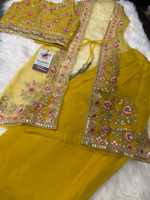 Yellow Shade Lehnga Choli in Sari Style, Half Sari, , Indian traditional festive outfit for Princess, Girl Design GRL - 1943
