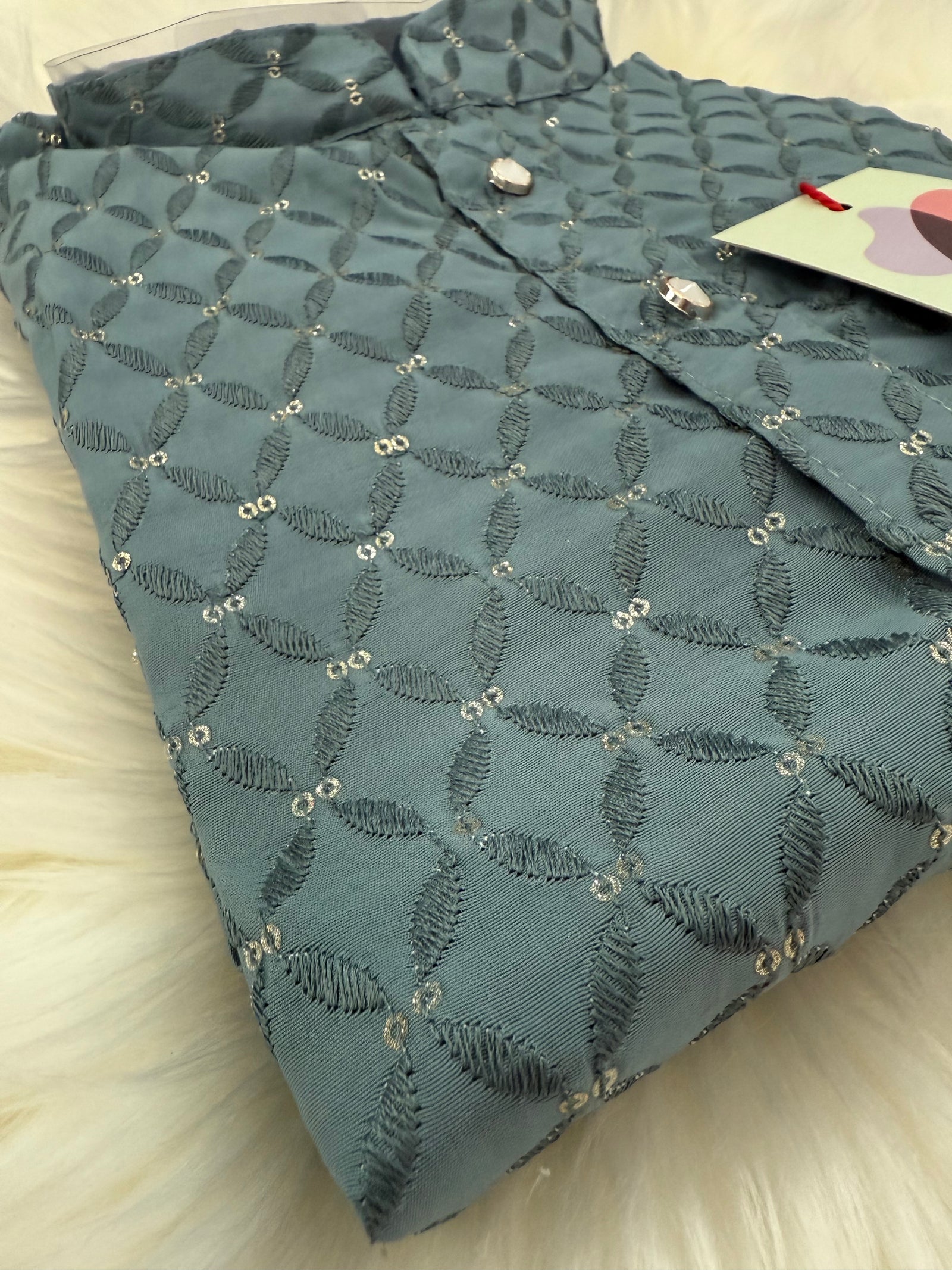 Pre-Teen and Teen Boy's Chikankari Embroidered Kurta Pajama with Sequins, Gray Shade  - BOY-1912