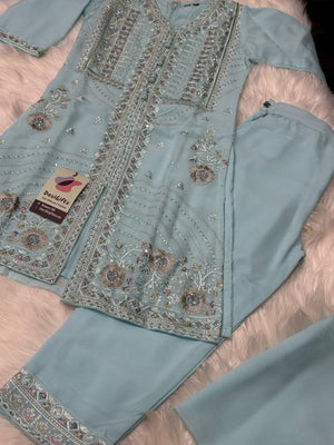 Graceful Sky Blue 3-Piece Girls’ Kurti Set with Intricate Embroidery and Sequin Detailing, Design G-1948